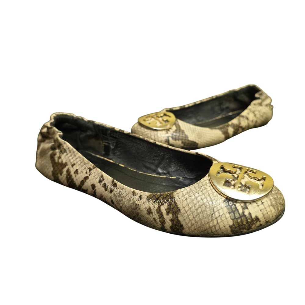 TORY BURCH 7 Snakeskin Reva Ballet Flats Leather Neutral Chic‎